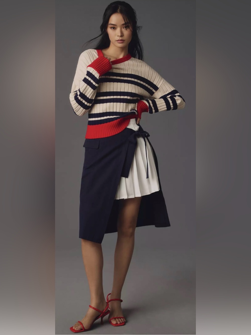 Maeve by Anthropologie Rib Crew Compact Pullover Sweater Cream & Navy Striped - Picture 4 of 16